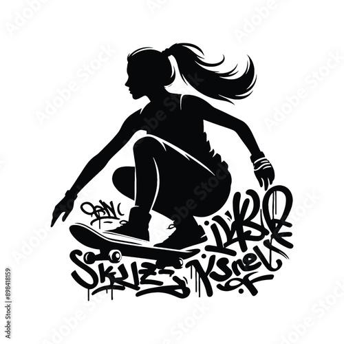 Skateboarding, longboarding  female player in graffiti tags, street art pattern illustration, emblem shield badge