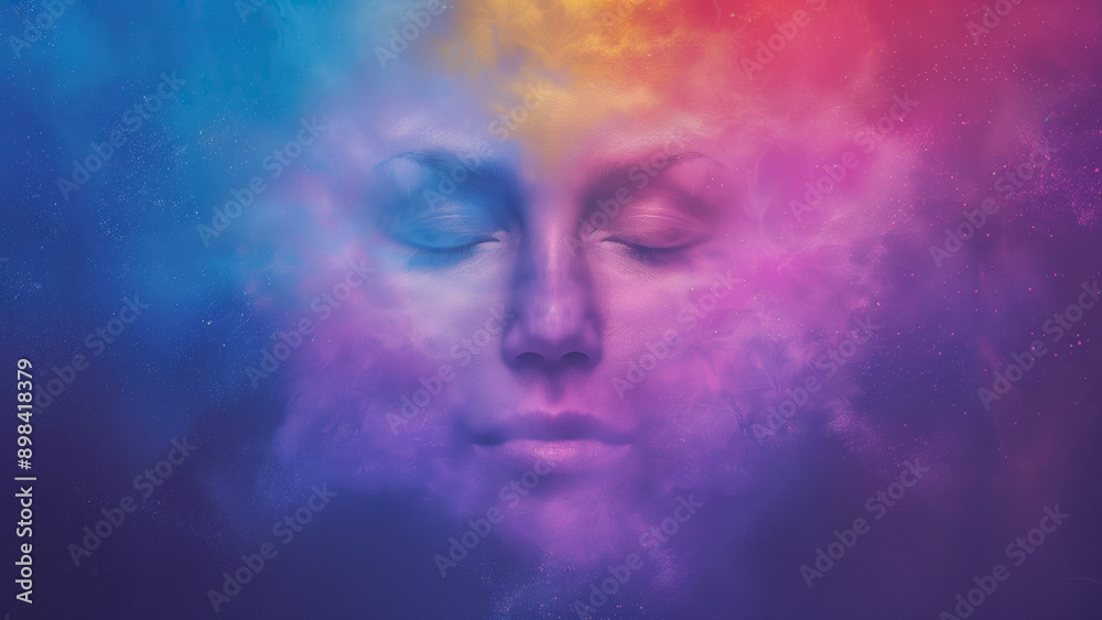 Dreamy Abstract Digital Artwork of Serene Woman's Face in Vibrant Multicolored Nebula Clouds with Eyes Closed, Surreal Fantasy Art in Blue, Purple, Pink, Orange Hues Imagination and Creativity Concept Dreamy Abstract Digital Artwork of Serene Woman's Face in Vibrant Multicolored Nebula Clouds with Eyes Closed, Surreal Fantasy Art in Blue, Purple, Pink, Orange Hues Imagination and Creativity Concept