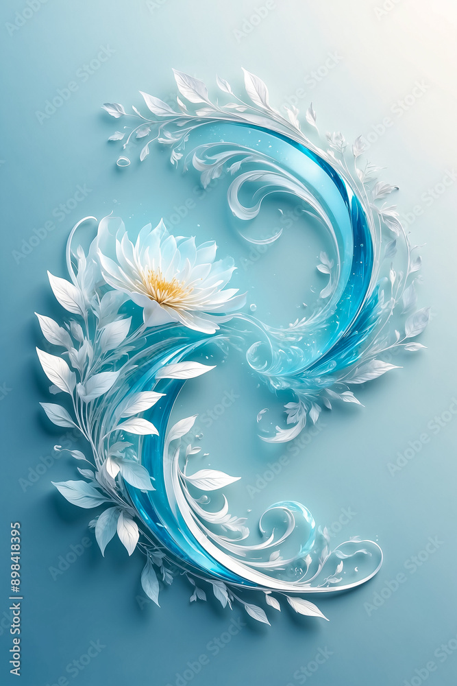 Obraz premium Delicate, airy pattern of flower leaves and curls in white and blue