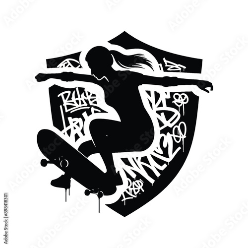 Skateboarding, longboarding  female player in graffiti tags, street art pattern illustration, emblem shield badge