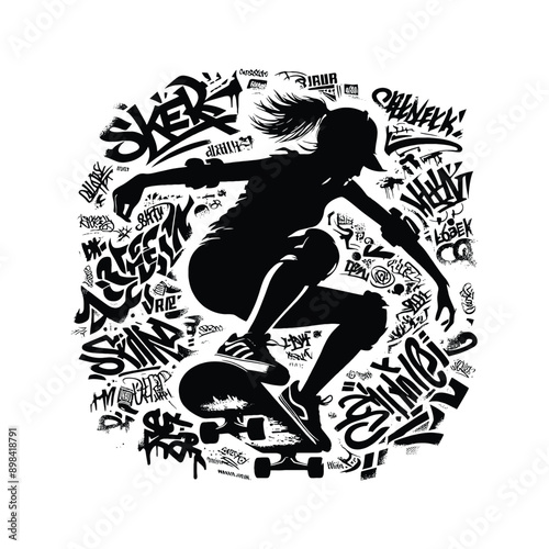 Skateboarding, longboarding  female player in graffiti tags, street art pattern illustration, emblem shield badge