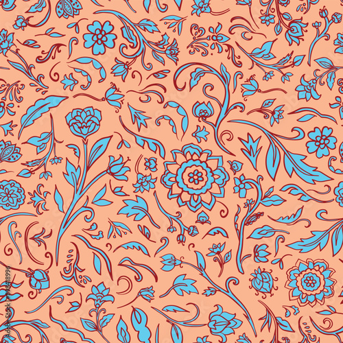 Traditional flowers with leaves seamless repeat pattern on peach fuzz background. Random placed, vector hand drawn bohemian botanic aop, all over surface print.