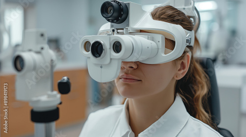 A woman undergoing an eye examination using a phoropter in an optometry clinic.