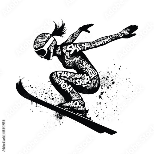 Skiing  female player in graffiti tags, street art pattern illustration, emblem shield badge