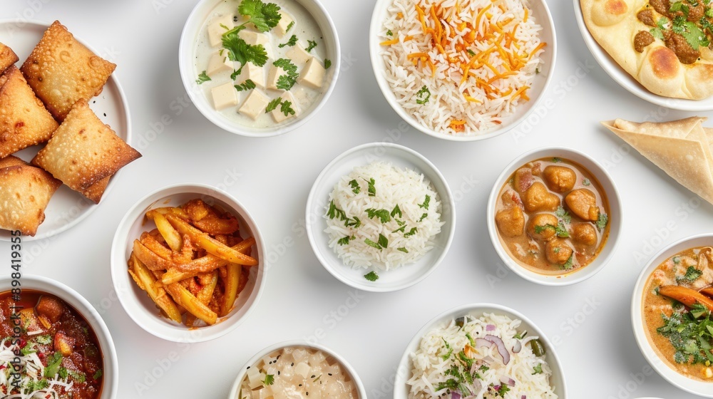 top view of various indian dishes in white plates on isolated background top view of various indian dishes in white plates on isolated background