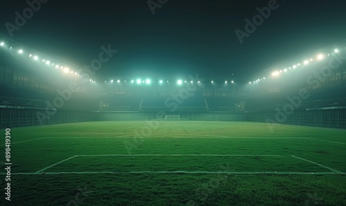 soccer stadium illuminated by spotlights and empty green grass playground, big stadium