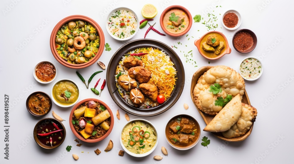 top view of various indian dishes in white plates on isolated background top view of various indian dishes in white plates on isolated background