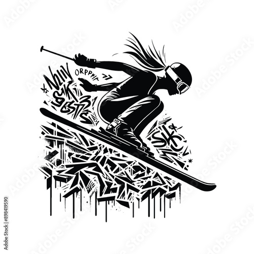 Skiing  female player in graffiti tags, street art pattern illustration, emblem shield badge
