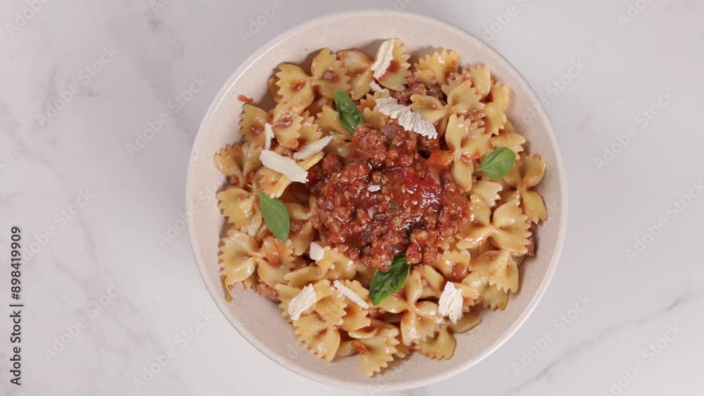 pasta bows bolognese bowl on light surface pasta bows bolognese bowl on light surface