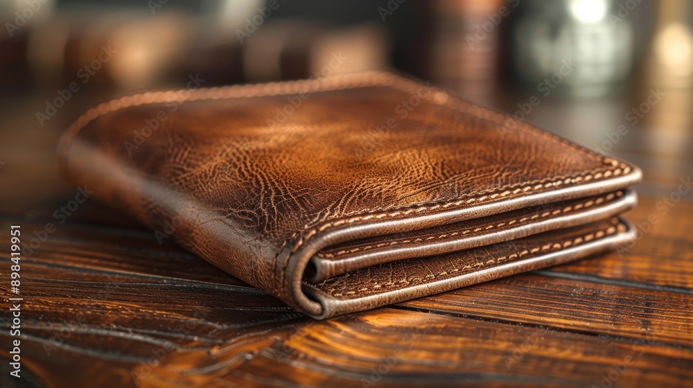 Brown leather wallet is lying on a wooden surface, showcasing its craftsmanship and timeless appeal Brown leather wallet is lying on a wooden surface, showcasing its craftsmanship and timeless appeal