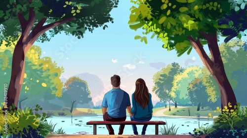 couple sitting on bench in the parc cartoonic pic on spring between trees holding each ather  photo