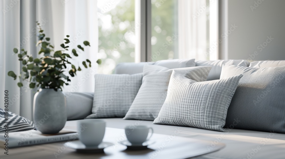 A cozy living room scene featuring a soft couch adorned with patterned pillows, a coffee table, and a vase of greenery, illuminated by natural light A cozy living room scene featuring a soft couch adorned with patterned pillows, a coffee table, and a vase of greenery, illuminated by natural light
