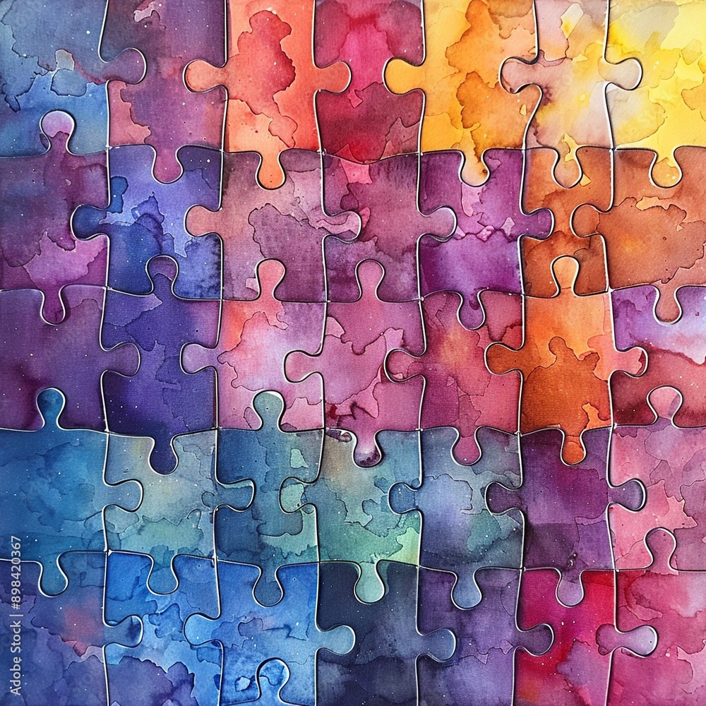 This captivating image features interlocking puzzle pieces with a watercolor texture, symbolizing connection and unity. Each piece's whimsical and creative design emphasizes the beauty of diversity This captivating image features interlocking puzzle pieces with a watercolor texture, symbolizing connection and unity. Each piece's whimsical and creative design emphasizes the beauty of diversity
