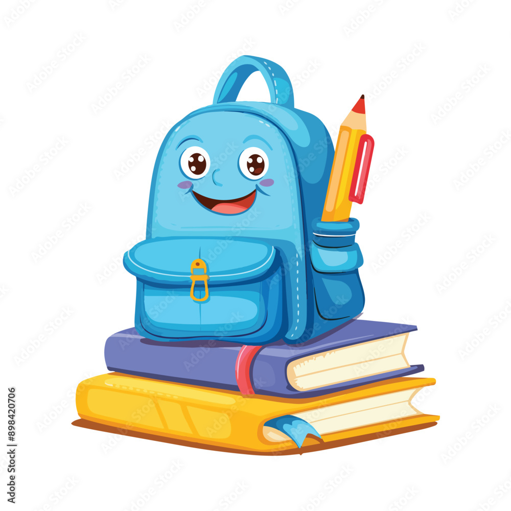 Colorful school backpacks. Cartoon school bags with school supplies and notebooks Colorful school backpacks. Cartoon school bags with school supplies and notebooks
