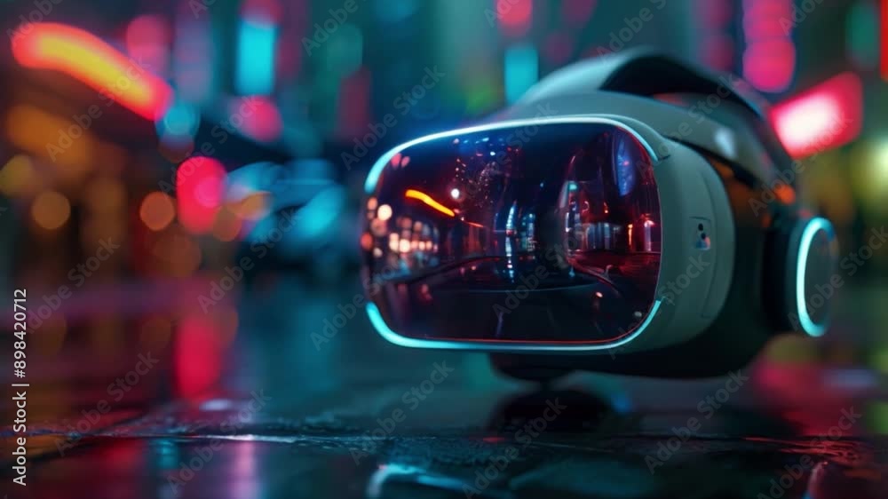 A VR headset displaying a virtual city at night. The city is lit up with neon lights and the headset is reflecting the image of the city.