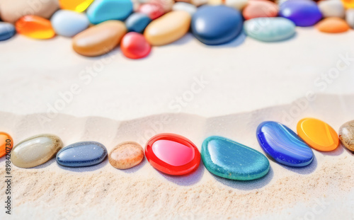 Bright multicolored gems on white sand, like zen, copy space