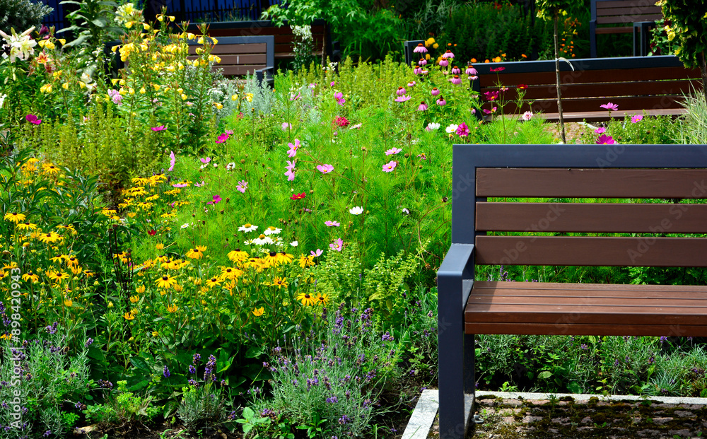 drewniana ławka ogrodowa w ogrodzie z kolorowymi kwiatami, wooden garden bench in the garden with colorful flowers, garden seating area