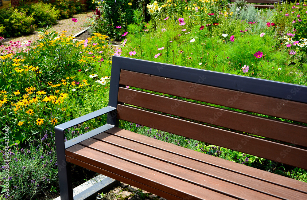 drewniana ławka ogrodowa w ogrodzie z kolorowymi kwiatami, wooden garden bench in the garden with colorful flowers
