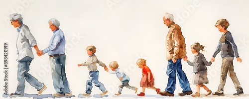 A beautiful watercolor illustration depicting generations walking together, showcasing the bond between family members.