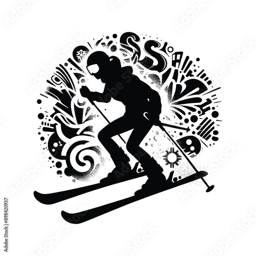 Skiing  female player in graffiti tags, street art pattern illustration, emblem shield badge