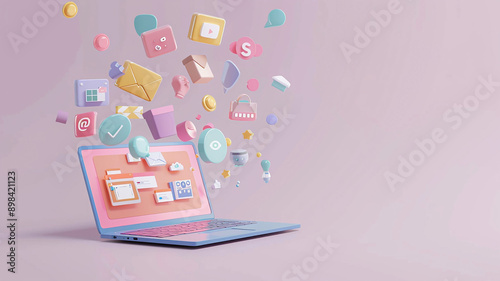 Wallpaper Mural Multi-channel marketing illustration, laptop with floating product icons in 3D, Torontodigital.ca