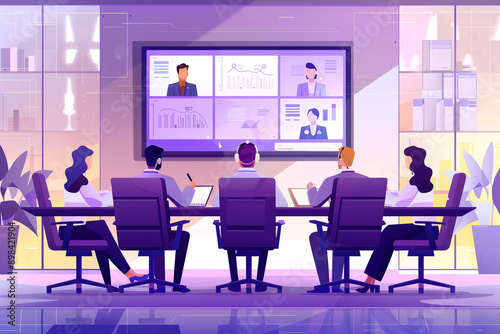 Business team at the video conference call in boardroom. Online meeting with CEO, manager or director. flat vector modern illustration  © Multi Universe 