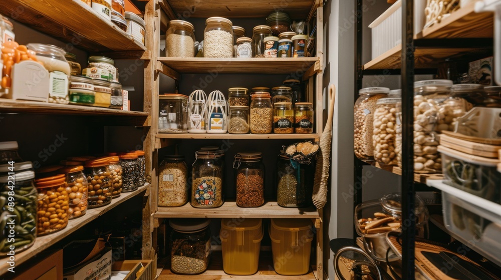 A pantry filled with bulk food items and reusable containers, the floor clean and tidy, emphasizing waste reduction. A pantry filled with bulk food items and reusable containers, the floor clean and tidy, emphasizing waste reduction.