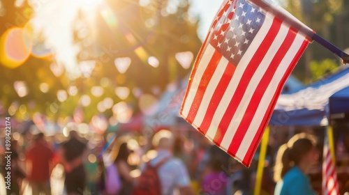 Blurred crowd celebrating in the background as american flag waves in the wind