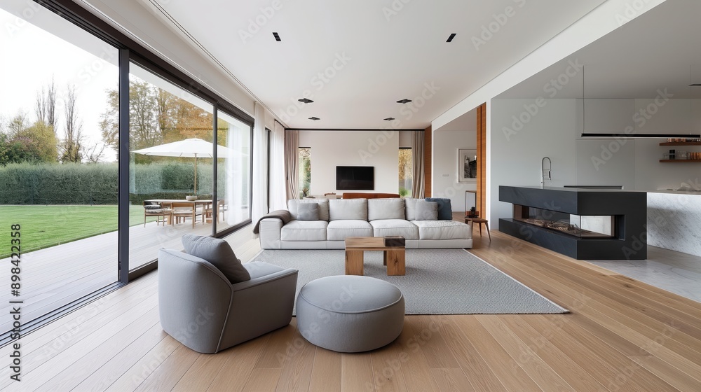 Modern living room with large sliding glass doors, contemporary furniture, and a view of a patio and garden area. Features open floor plan with adjacent kitchen. Modern living room with large sliding glass doors, contemporary furniture, and a view of a patio and garden area. Features open floor plan with adjacent kitchen.
