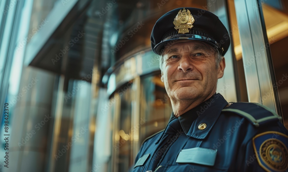 Happy Security guard standing at the entrance of building glass tower Happy Security guard standing at the entrance of building glass tower