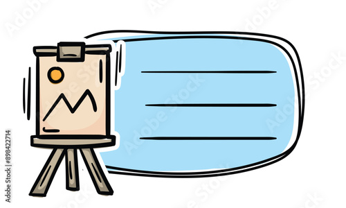 Bright school sticker with an easel for drawing and a place for text. Simple vector label for notebook, textbook, diary. School, learning, education concept
