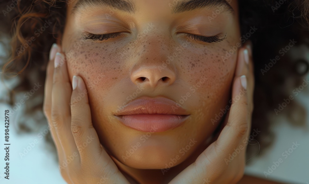 woman has a radiant and flawless complexion, with smooth, glowing skin and a peaceful, relaxed expression as she gently massages her cheeks and jawline with her fingertips. woman has a radiant and flawless complexion, with smooth, glowing skin and a peaceful, relaxed expression as she gently massages her cheeks and jawline with her fingertips.