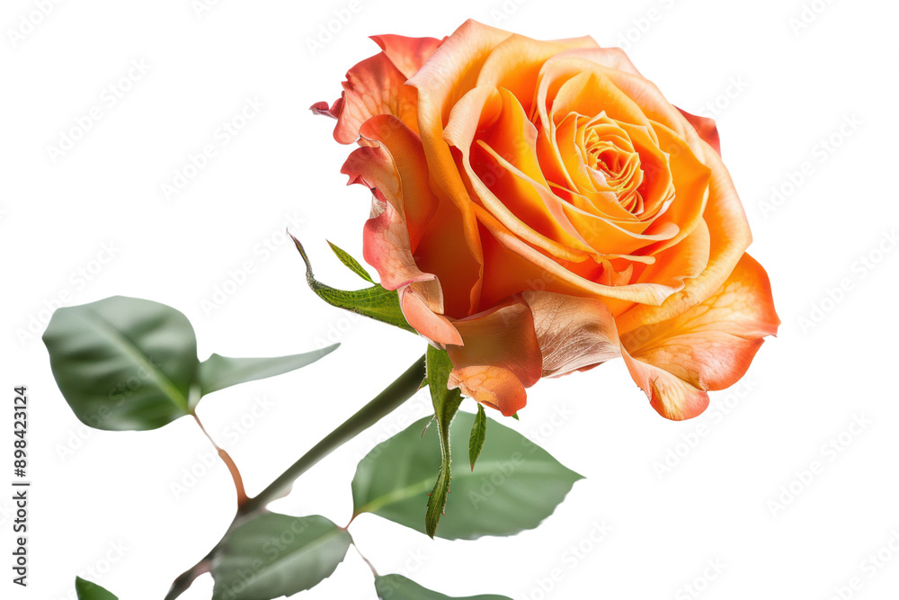 Fototapeta premium Single orange rose, hot shade isolated on white background.