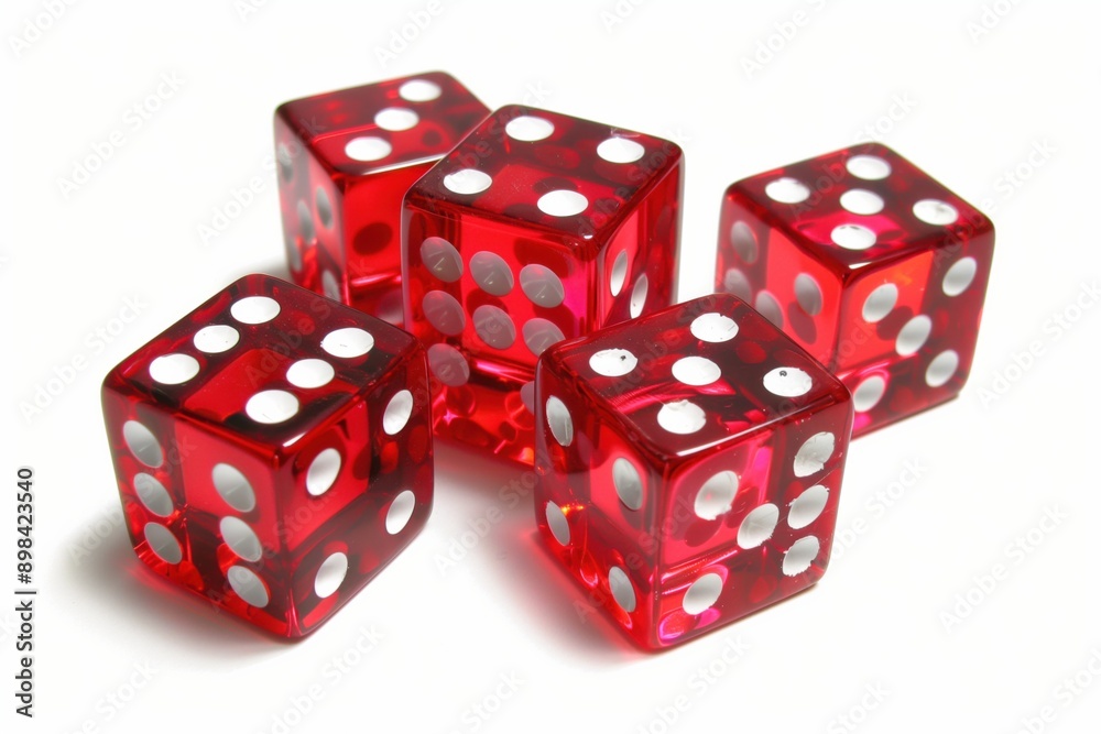 Five red transparent dice showing different numbers on white background Five red transparent dice showing different numbers on white background