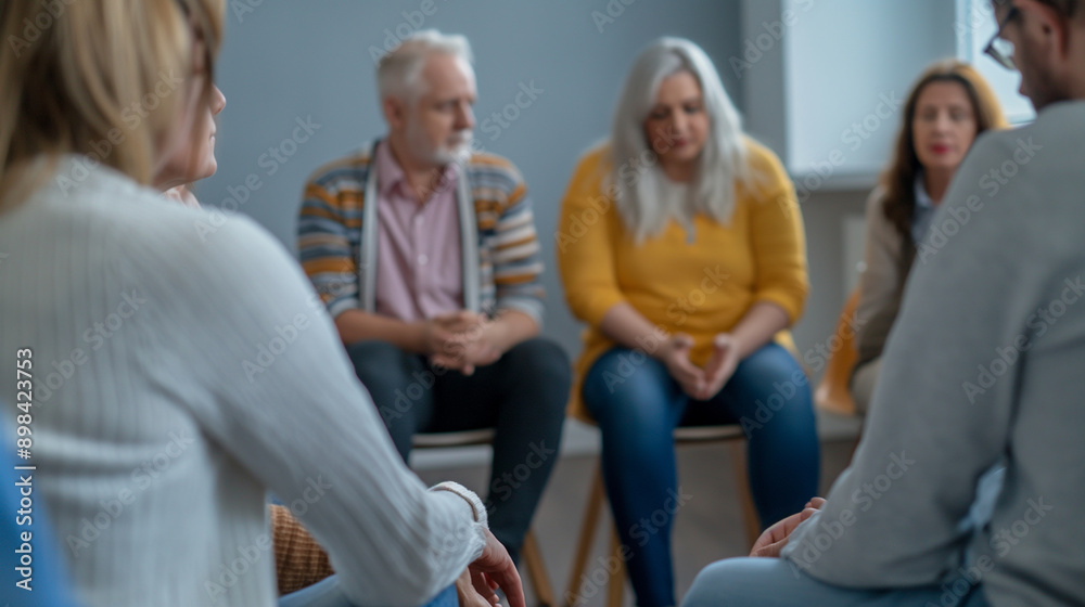 Participants in a circle sharing experiences with a compassionate therapist guiding them, showcasing support and unity, bottom third copy space Participants in a circle sharing experiences with a compassionate therapist guiding them, showcasing support and unity, bottom third copy space