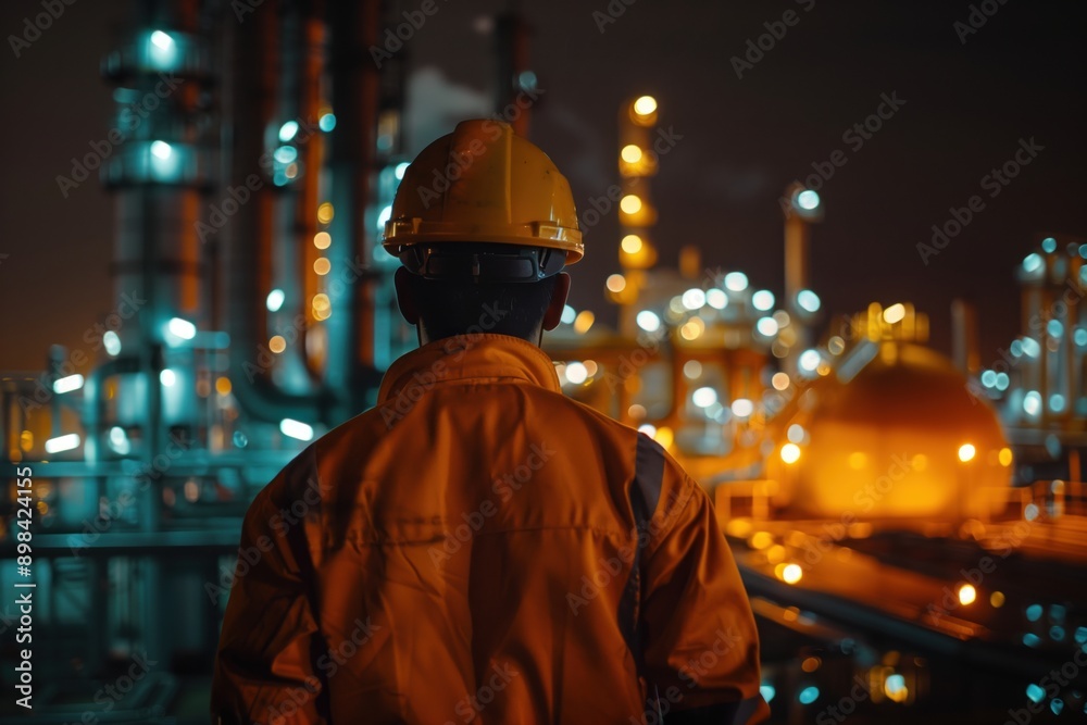 Industrial engineer wearing hard hat standing in a refinery at night Industrial engineer wearing hard hat standing in a refinery at night