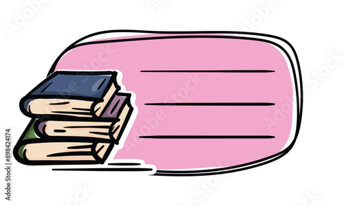 Bright school sticker with a stack of textbooks and space for text. Simple vector label for notebook, textbook, diary. School, learning, education concept