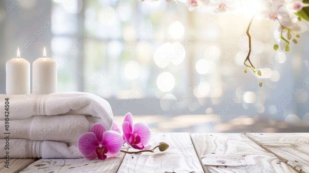 Spa salon aroma relaxation concept. Beauty day with rolled towels, lit candles, leaves and flowers, smooth massage stone pebbles. Wellness therapy background with copyspace Spa salon aroma relaxation concept. Beauty day with rolled towels, lit candles, leaves and flowers, smooth massage stone pebbles. Wellness therapy background with copyspace