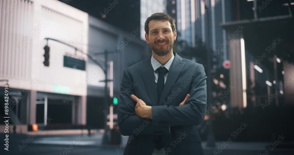 Smiling Caucasian Businessman in a Suit Stands Confidently on a City Street, Embodying Urban Professionalism and Success. Business, Confidence, and Modern City Life. Smiling Caucasian Businessman in a Suit Stands Confidently on a City Street, Embodying Urban Professionalism and Success. Business, Confidence, and Modern City Life.