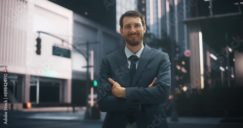 Wallpaper Mural Smiling Caucasian Businessman in a Suit Stands Confidently on a City Street, Embodying Urban Professionalism and Success. Business, Confidence, and Modern City Life. Torontodigital.ca