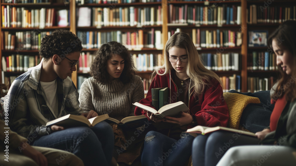 Group reading books in a quiet library, highlighting knowledge, respect, and the health of the mind and spirit, upper third copy space Group reading books in a quiet library, highlighting knowledge, respect, and the health of the mind and spirit, upper third copy space