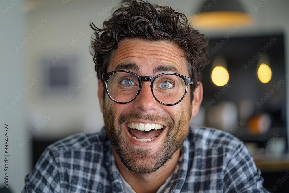 A businessman showing excitement, animatedly discussing a project in a sleek office with a blank background, closeup shot A businessman showing excitement, animatedly discussing a project in a sleek office with a blank background, closeup shot