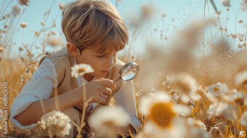 Young boy looking through magnifying glass in the summer field, little nature explorer. Holiday season