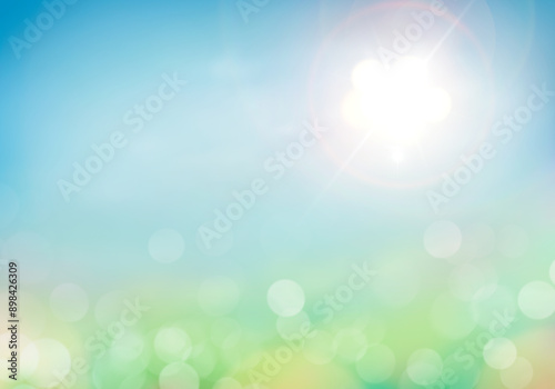 Obraz na płótnie A fresh, bright but warm spring and summer blue sky background with sun flare to the right with blurred bokeh foliage. w salonie