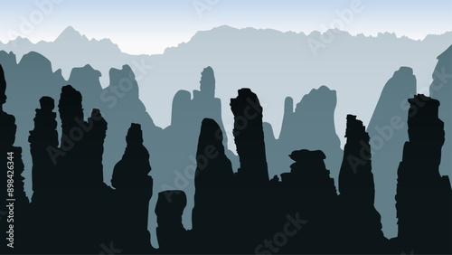 Zhangjiajie National Forest Park. Quartzite sandstone pillars and peaks, Wulingyuan Scenic Area. Silhouette vector background with famous place, mountains of China. Travel illustration