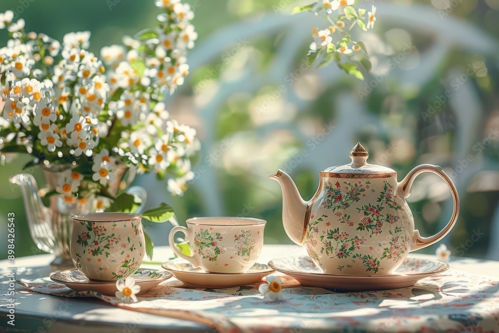 A charming tea set with delicate floral patterns, set against a backdrop of blooming flowers and warm sunlight. A charming tea set with delicate floral patterns, set against a backdrop of blooming flowers and warm sunlight.