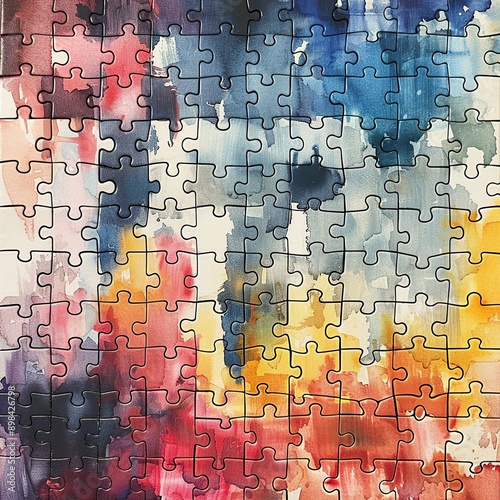 This captivating image features interlocking puzzle pieces with a watercolor texture, symbolizing connection and unity. Each piece's whimsical and creative design emphasizes the beauty of diversity 