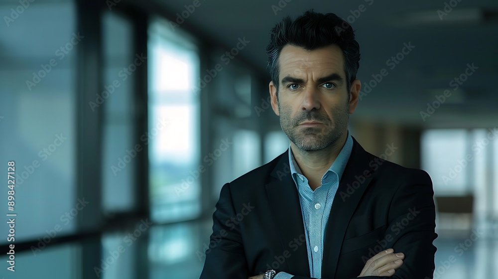 Serious professional man in black suit and light blue shirt standing confidently with arms crossed highlighting corporate authority and business leadership Serious professional man in black suit and light blue shirt standing confidently with arms crossed highlighting corporate authority and business leadership