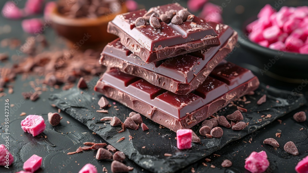 Pieces of dark and pink chocolate on a black background