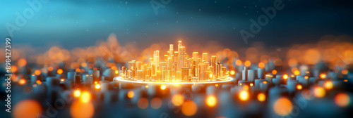 A vibrant city skyline illuminated by glowing lights, showcasing modern architecture against a dramatic blue sky.